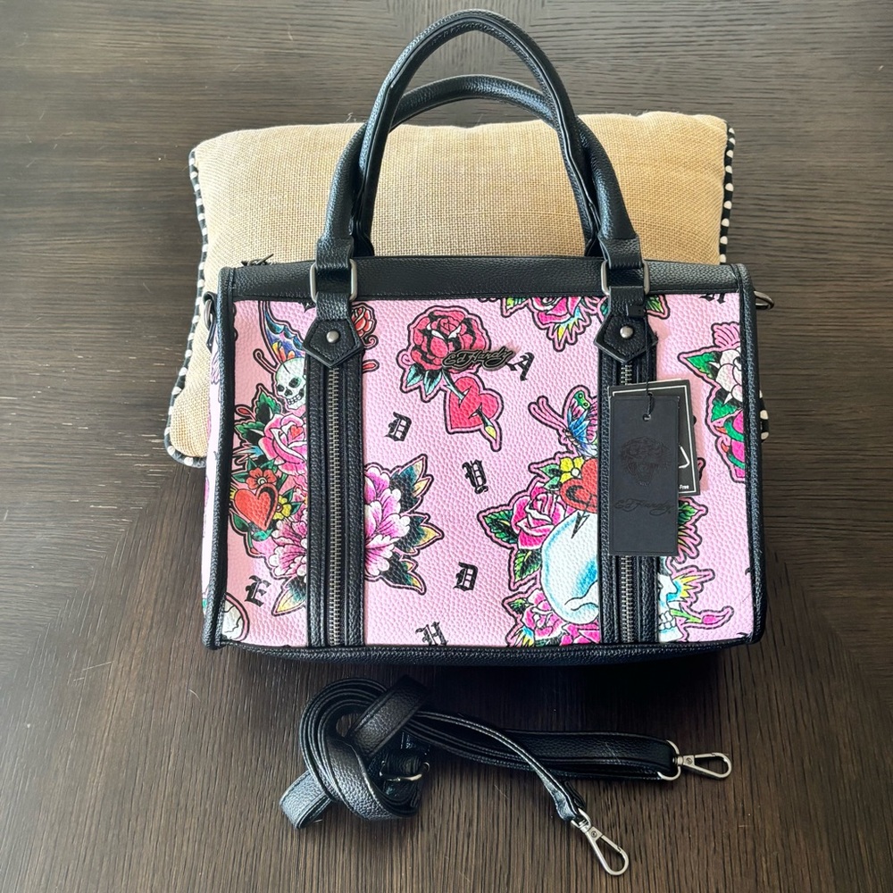 Ed Hardy Pink Skull Tattoo Satchel Bag NWT Roses Y2K Crossbody Purse - Picture 7 of 9